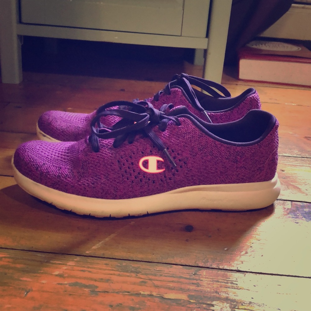 Purple champion sneakers.